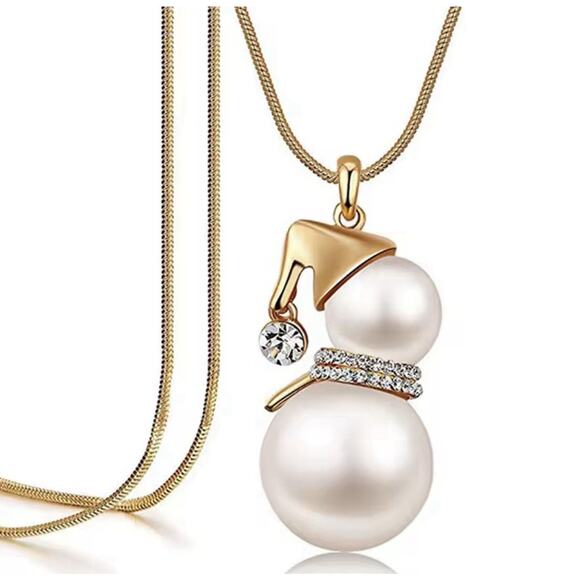 CHRISTMAS Pearl Snowman Necklace Long Gold Plated Chain Pendant Holiday Gift - Picture 2 of 2